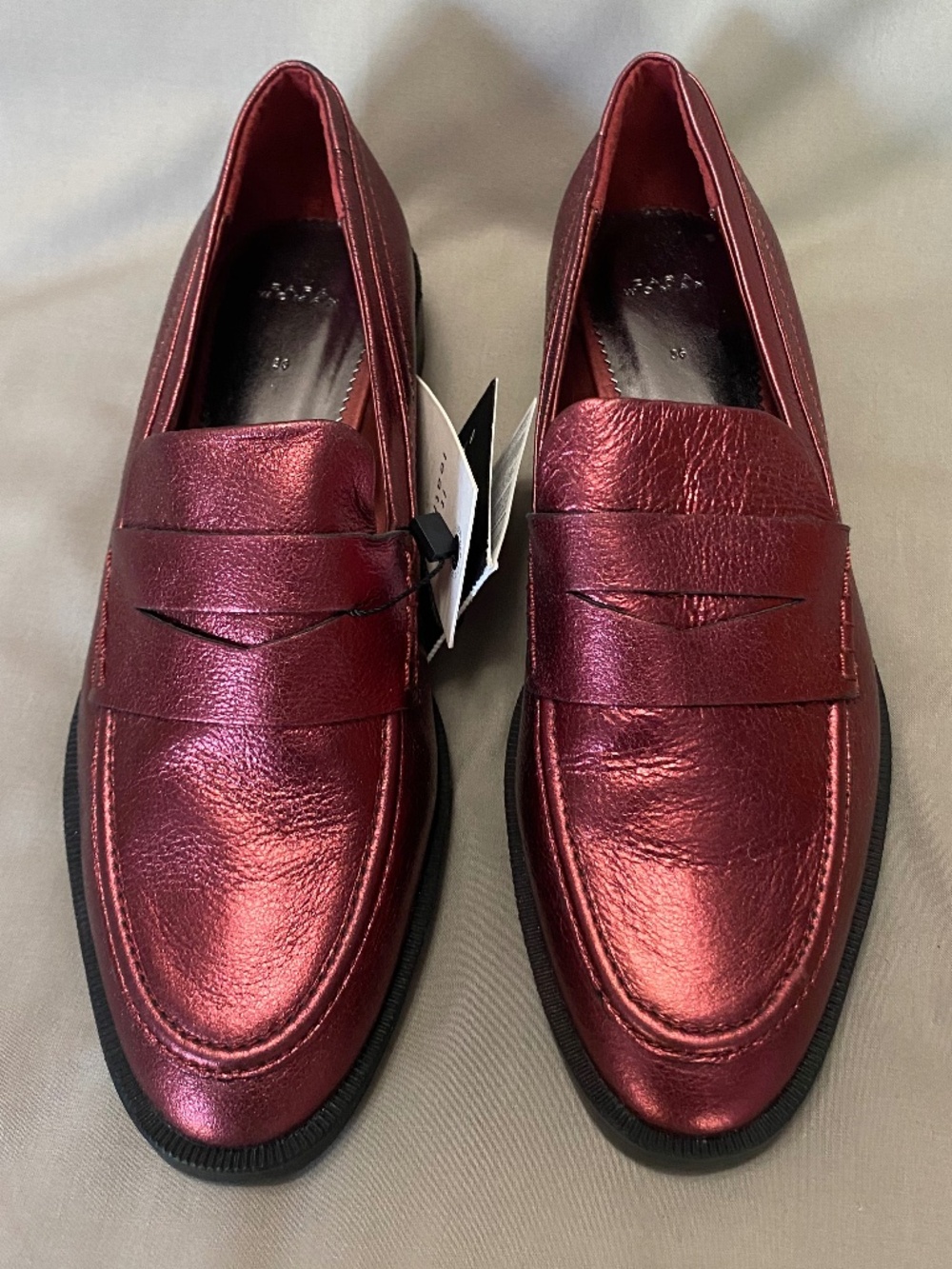 Zara Women's Metallic Red Shimmer Leather Loafers - Size 6 (NWT)